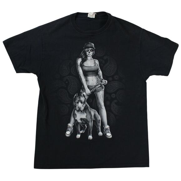 Men's Fruit of the Loom HD Cotton Graphic T-Shirt Woman & Pit Bull Sz M Black - Picture 1 of 7